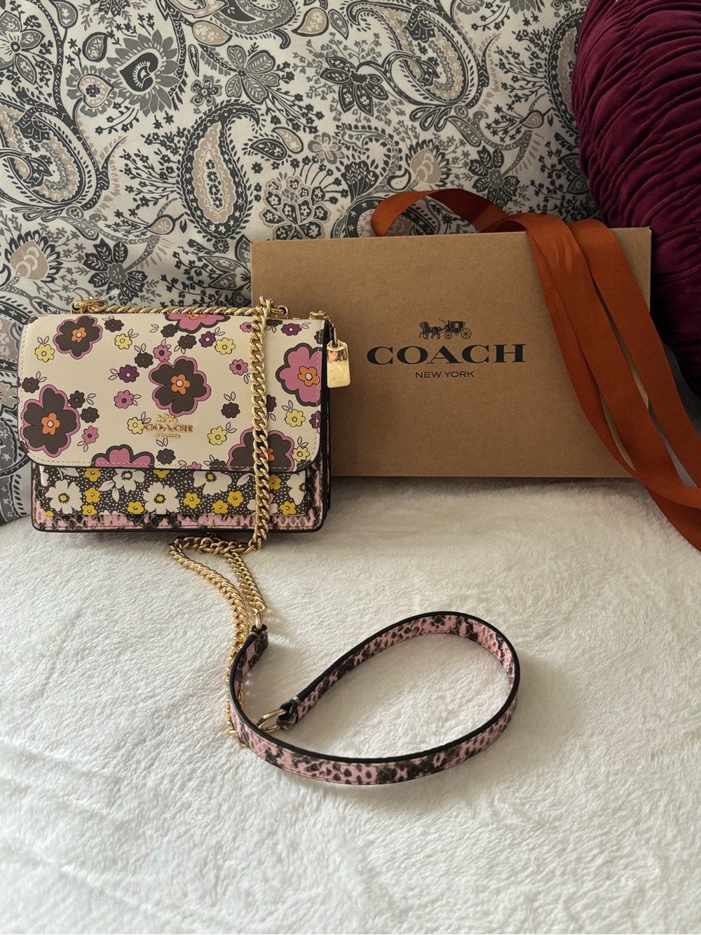 COACH Floral Print Crossbody Bag in Pink, Yellow & Brown